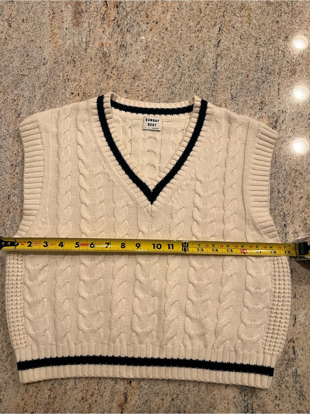 Aritzia’s Sunday Best Cream Cable Knit V-Neck Sweater Vest with Navy Trim
